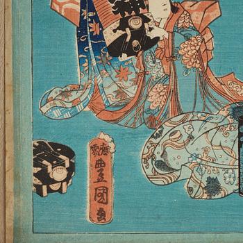 Utagawa Kunisada, four colour woodblock prints, Japan, c. 1850-60.