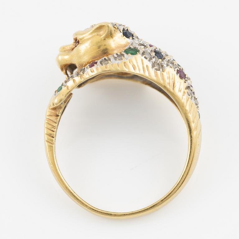 Ring, in the form of a panther, 18K gold with diamonds, sapphires, rubies, and emeralds.