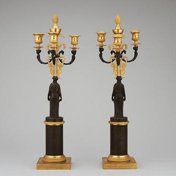 A pair of Empire 19th century three-light candelabra, probably Russian.