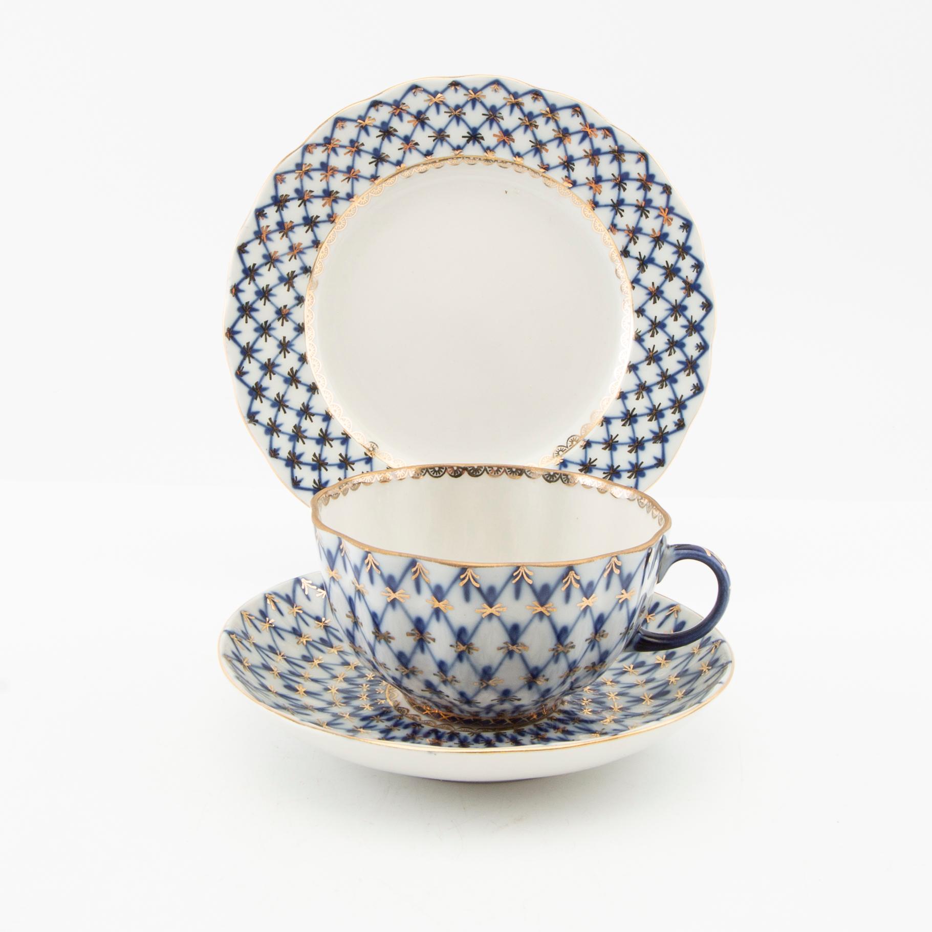 Teservis 15 dlr "Cobalt Net", Lomonosov Sovjetunionen porslin.