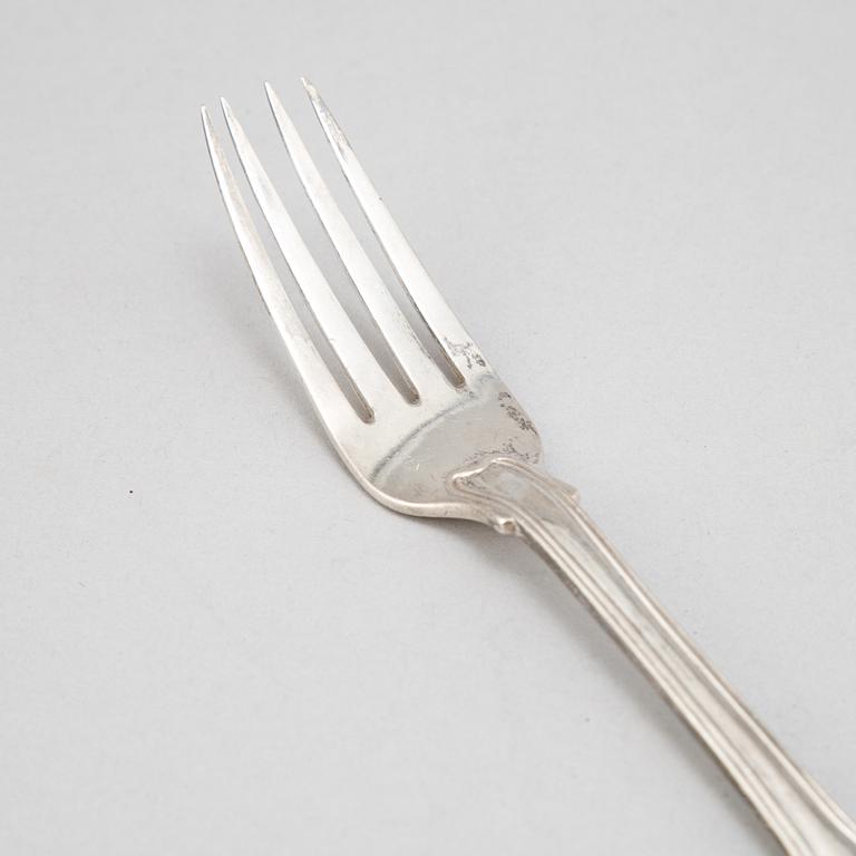 6+6 silver cutlery, some with mark of Gustaf Möllenborg, Stockholm 1866.