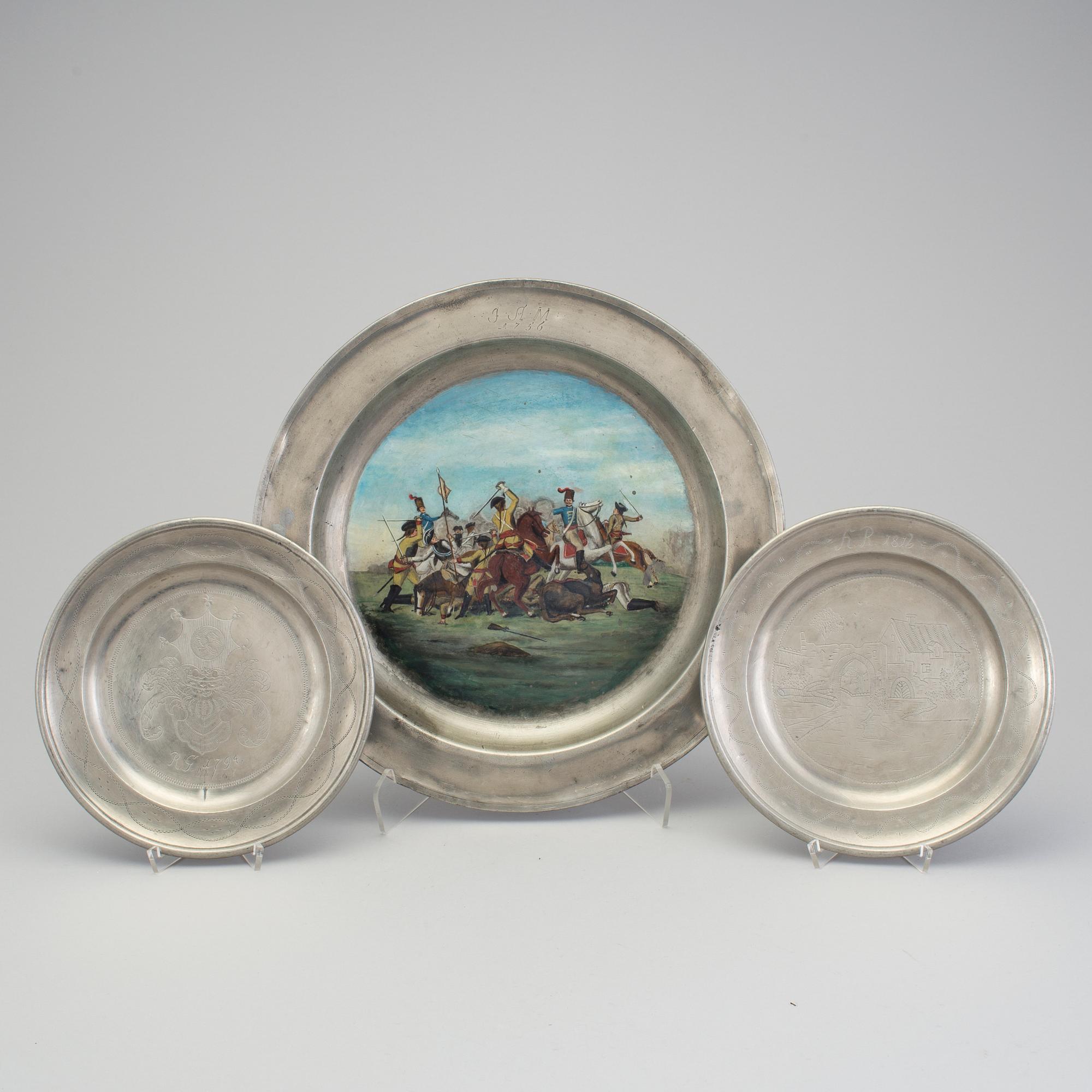TENNFAT, 3 st. Otydliga stämplar, troligen Tyskland, 1700-tal/1800-talets början.