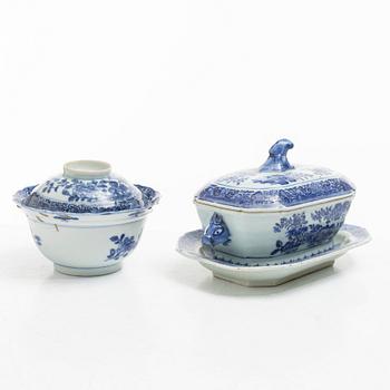 A blue and white butter dish with stand and cover, and a blue and white bowl with cover, China, Qianlong (1736-95).