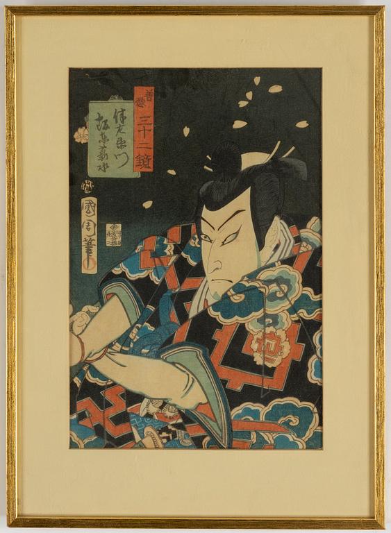 Kunichika and Toyokuni III, three coloured woodblock prints, Japan, 19th century.