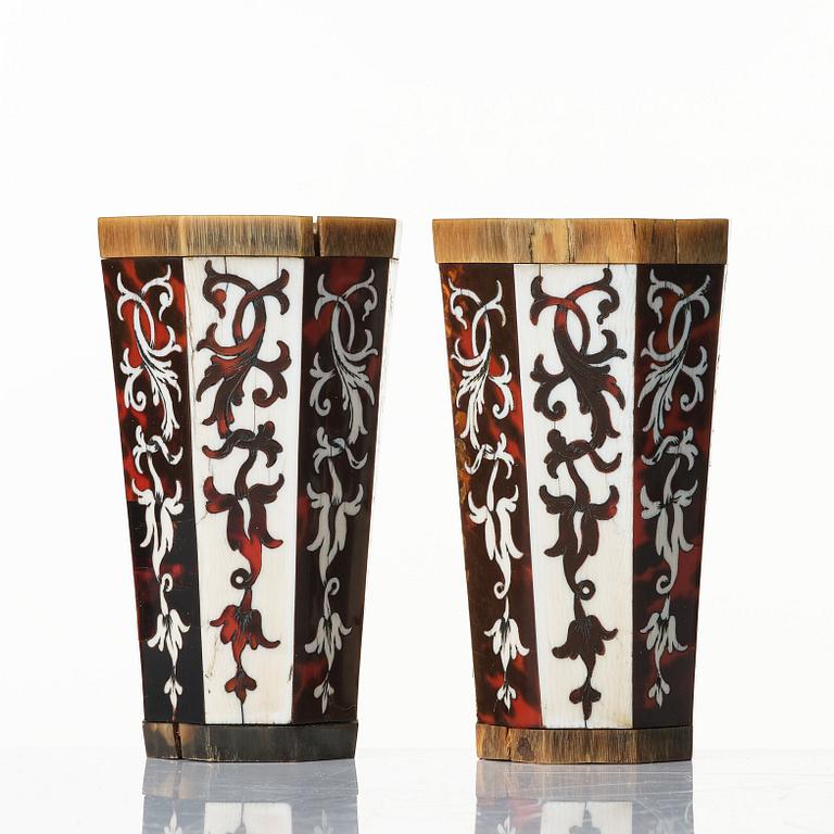 A pair of Baroque style 19th century game cups. Veneered with tortoiseshell and antler.