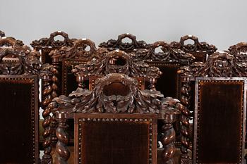 MATSALSSTOLAR, 12 st, barockstil, etikettmärkta CH. Benckert Jr, Stockholm, sent 1800-tal.