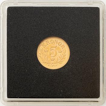 Guldmynt, Oscar II, 5 kronor, typ I, Sverige 1899.