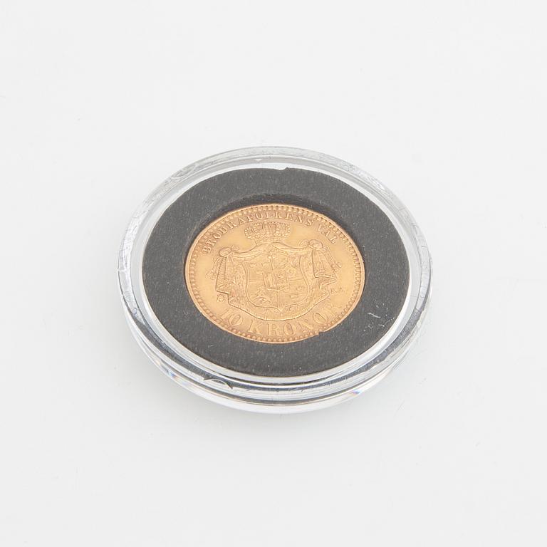 Gold coin Sweden, Oscar II 10 kr, 1901, mint error.