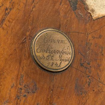 TRÅDRULLEHÅLLARE, trä och mässing, daterad 1843.