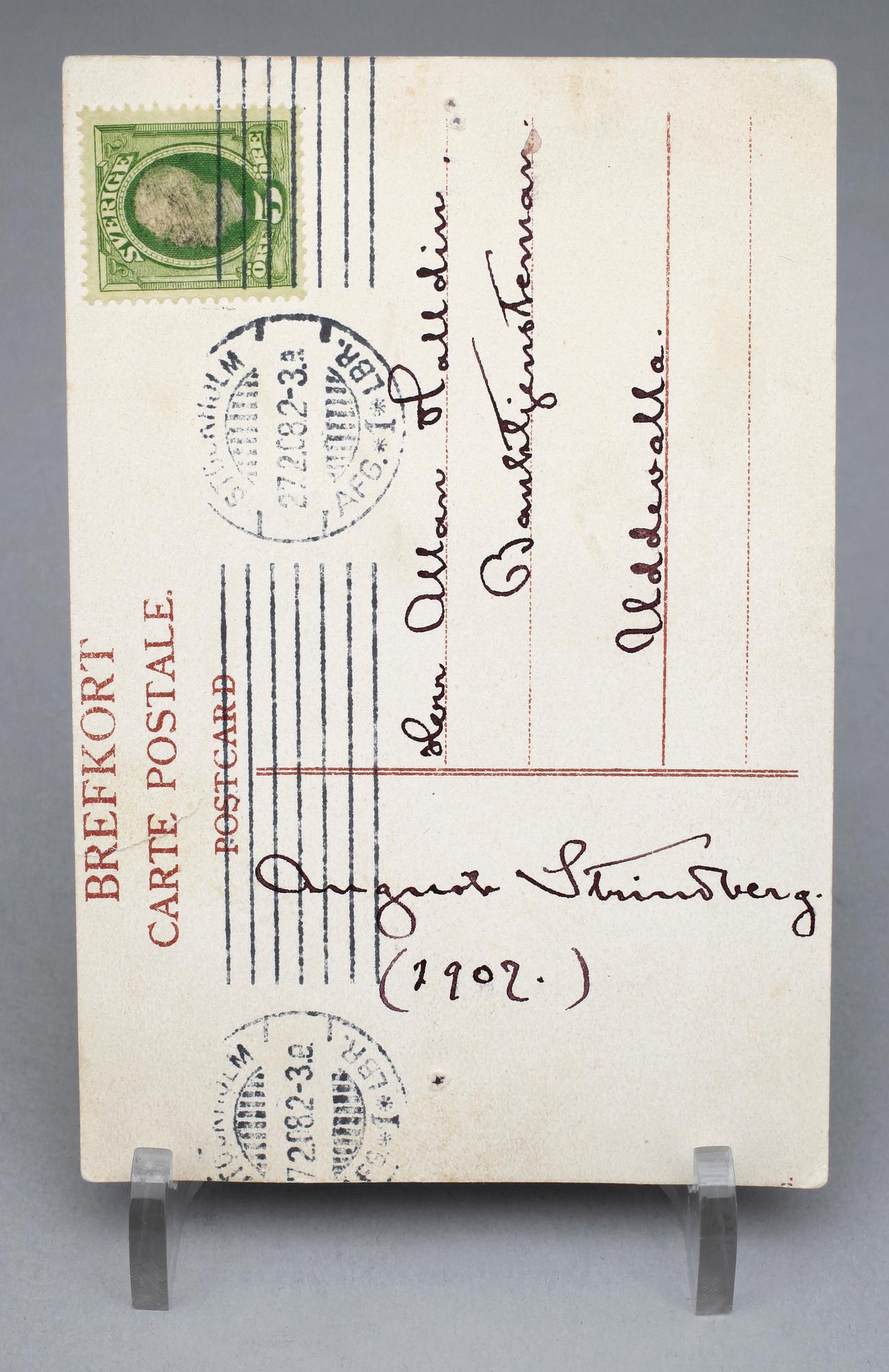 AUGUST STRINDBERG, brevkort, egenhändigt signerat 1902.