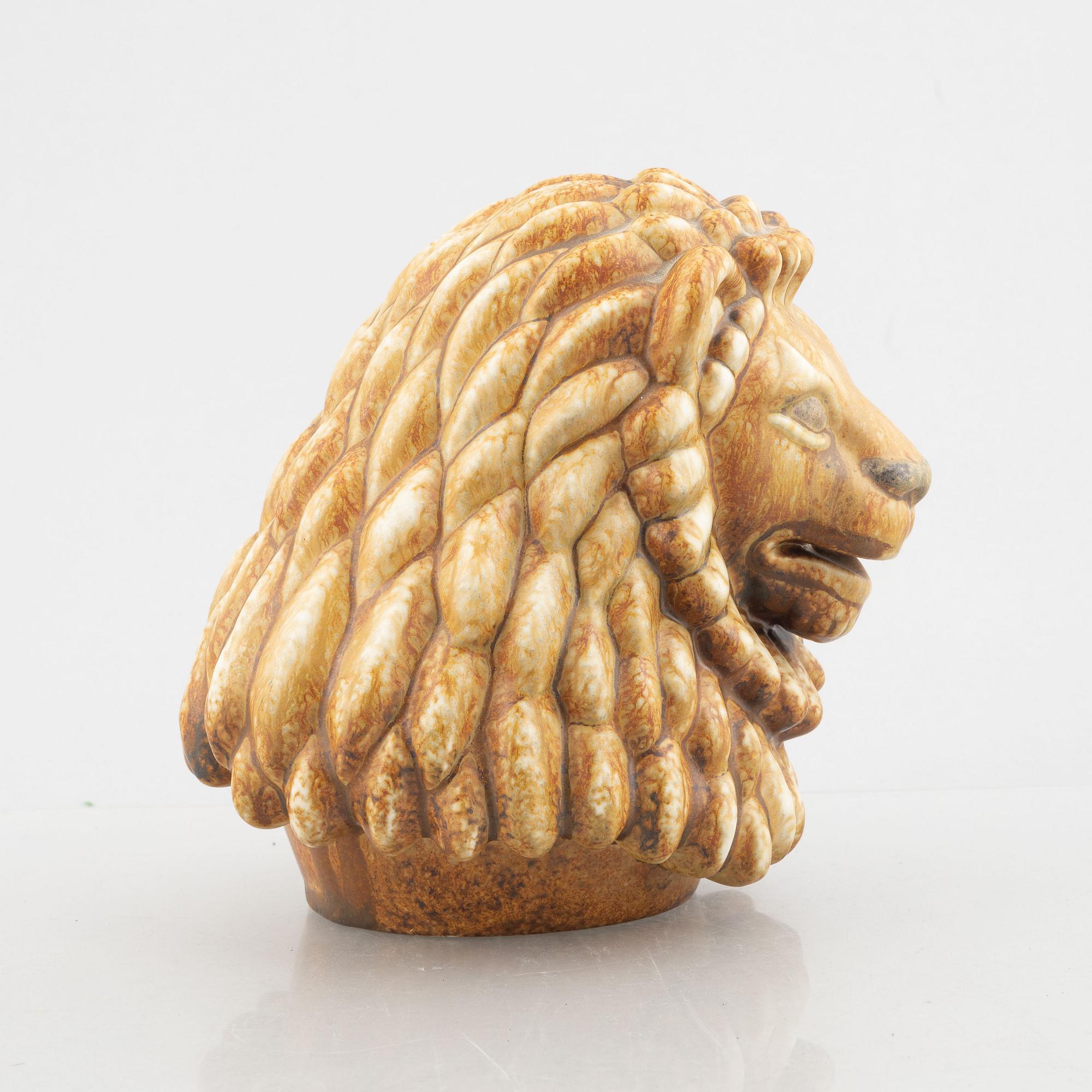 Gunnar Nylund, a lion's head stoneware figurine, Rörstrand, Sweden.
