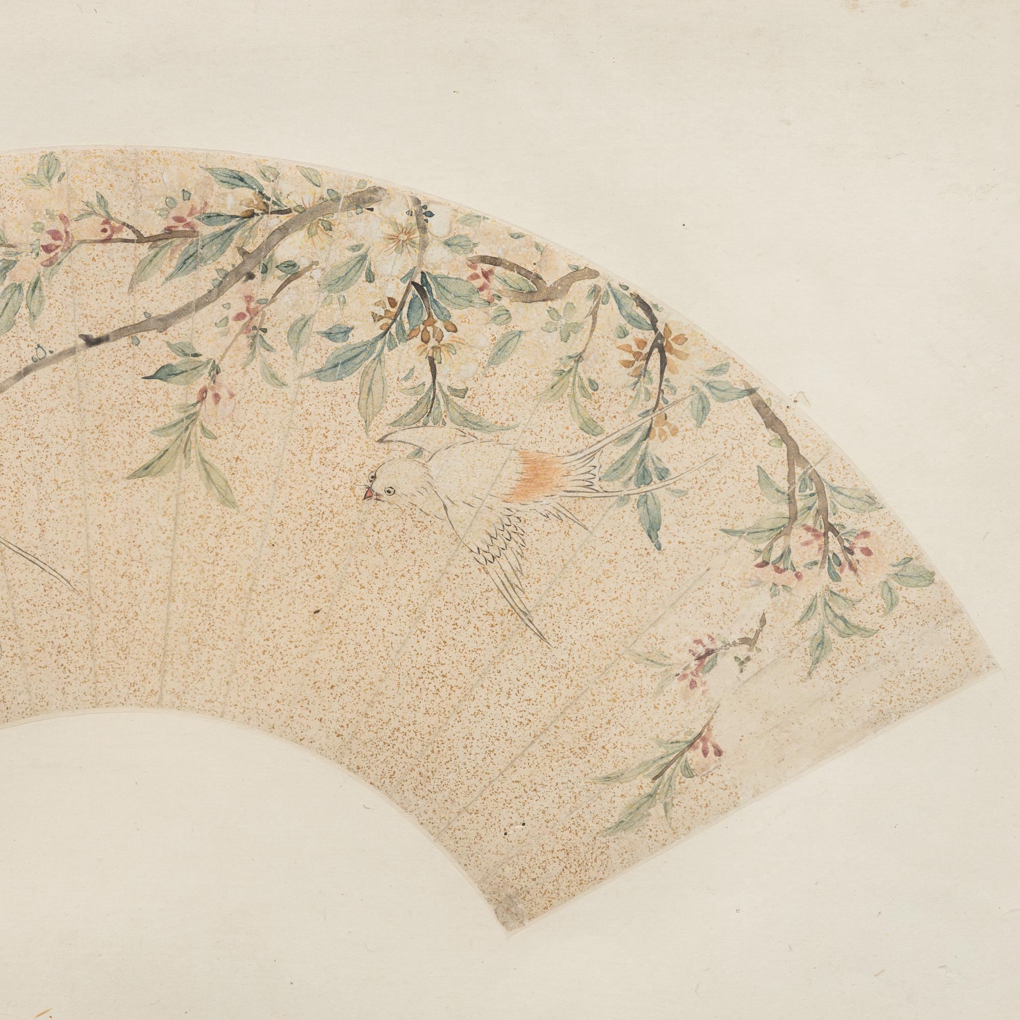 Oidentifierad konstnär, s.k. "Solfjädersmålning", Svalor med blommande prunus, Kina, sen Qingdynasti / tidigt 1900-tal.