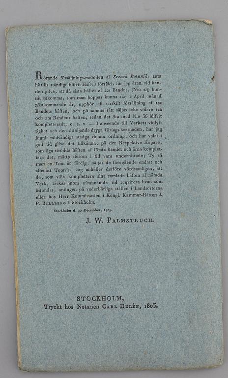 JOHAN WILHELM PALMSTRUCH, "Svensk Botanik, vol I-V. 1803-1805.