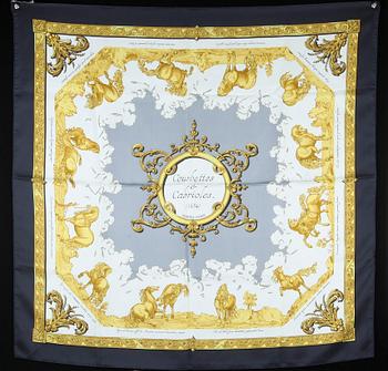 SCARVES, 2 st, siden, "Feux de Route" och "Courbettes et Cabriolets", Hermès, 1900-talets andra hälft.