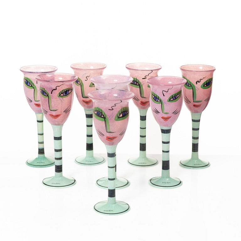 Ulrica Hydman-Vallien, eight 'Open Minds' wine glasses, Kosta Boda Artist Collection.