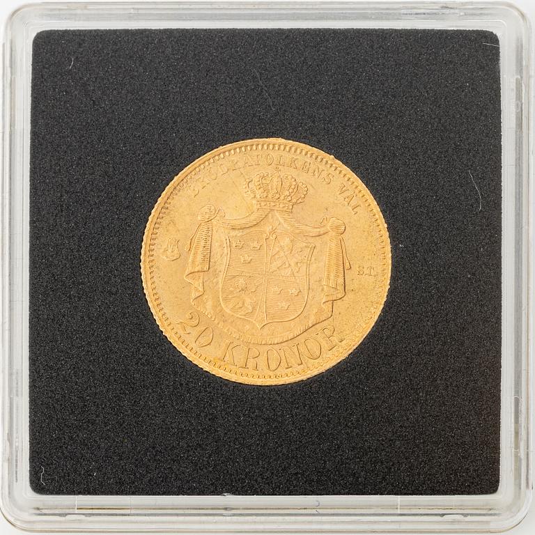 Guldmynt, Oscar II, 20 kronor, typ I, Sverige 1874.
