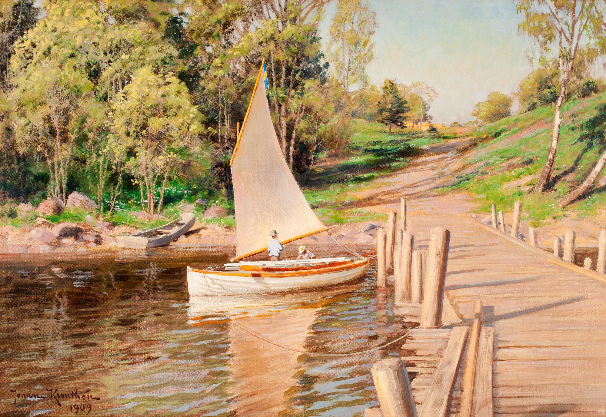 Johan Krouthén, Landscape with boys in sailing boat.