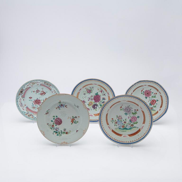 Tallrikar, 5 st, porslin, Kina, Qianlong (1736-95).