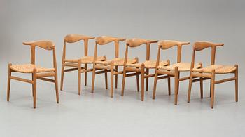 Hans J. Wegner, a set of six oak "Cowhorn Chairs", JH-505, Johannes Hansen, Denmark 1960's.