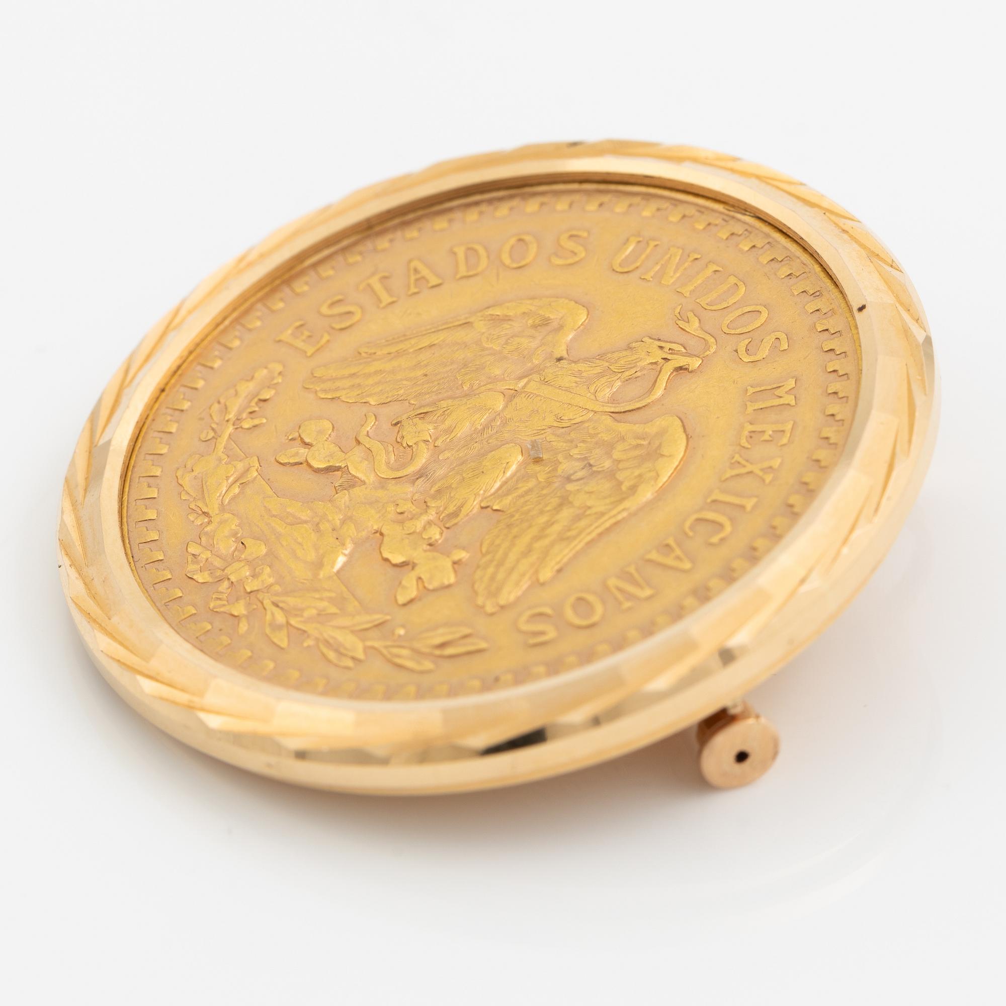 Brooch/pendant, 18K gold with set gold coin, 50 pesos, Mexico.