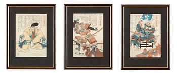 Utagawa Yoshiiku, a set of three woodblock prints in colours, later part of the 19th Century.