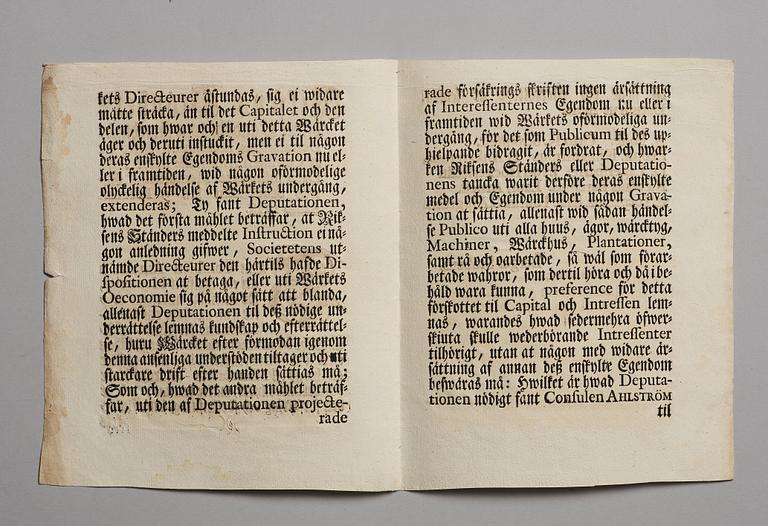 Aktiebrev, Ahlingsåhs Manufaktur Werk (Manufactur-Societet), No 212, 1728, ett tryckt förordnande medföljer.