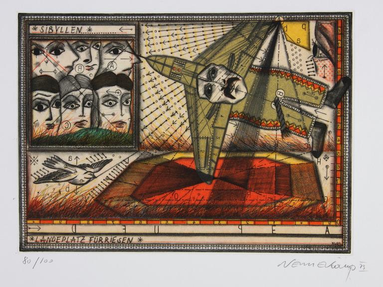 VENNEKAMPF, JOHANNES. Färgetsningar, 2 st, sign o numr 80/100 resp 28/100.