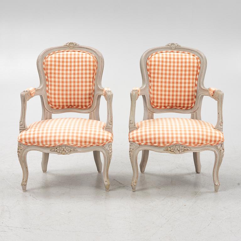 A pair of childern's Rococo style armchairs, late 20th century.