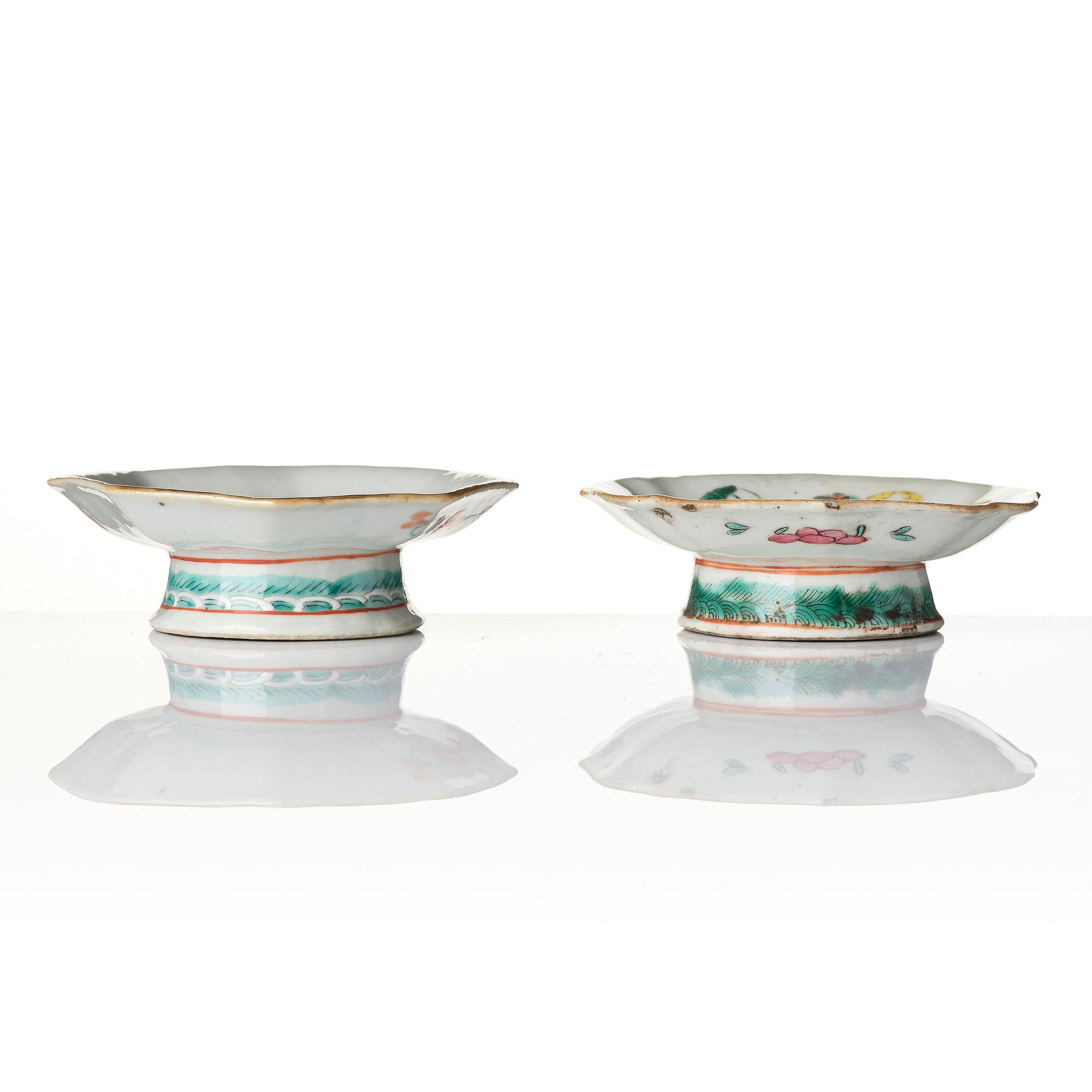 Two Chinese famille rose porcelain dishes and a censer, a pair of enamel spoons, Qing dynasty.