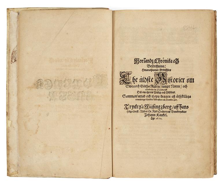 Snorri Sturlason [or Sturluson]
NORLANDZ CHRÖNIKA OCH BESKRIFFNING: HWARUTHINNAN FÖRMÄHLES THE ÄLDSTE HISTORIER OM SWEA OCH GÖTHA RIJKEN, SAMPT NORRIE, OCH EEN-DEELS OM DANMARCK, OCH OM THERES WILKÅR OCH TILSTÅND. SAMMANFATTAD OCH IHOPA DRAGEN AFF ÅTHSKI.