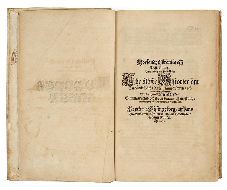 Snorri Sturlason [or Sturluson]
NORLANDZ CHRÖNIKA OCH BESKRIFFNING: HWARUTHINNAN FÖRMÄHLES THE ÄLDSTE HISTORIER OM SWEA OCH GÖTHA RIJKEN, SAMPT NORRIE, OCH EEN-DEELS OM DANMARCK, OCH OM THERES WILKÅR OCH TILSTÅND. SAMMANFATTAD OCH IHOPA DRAGEN AFF ÅTHSKI.