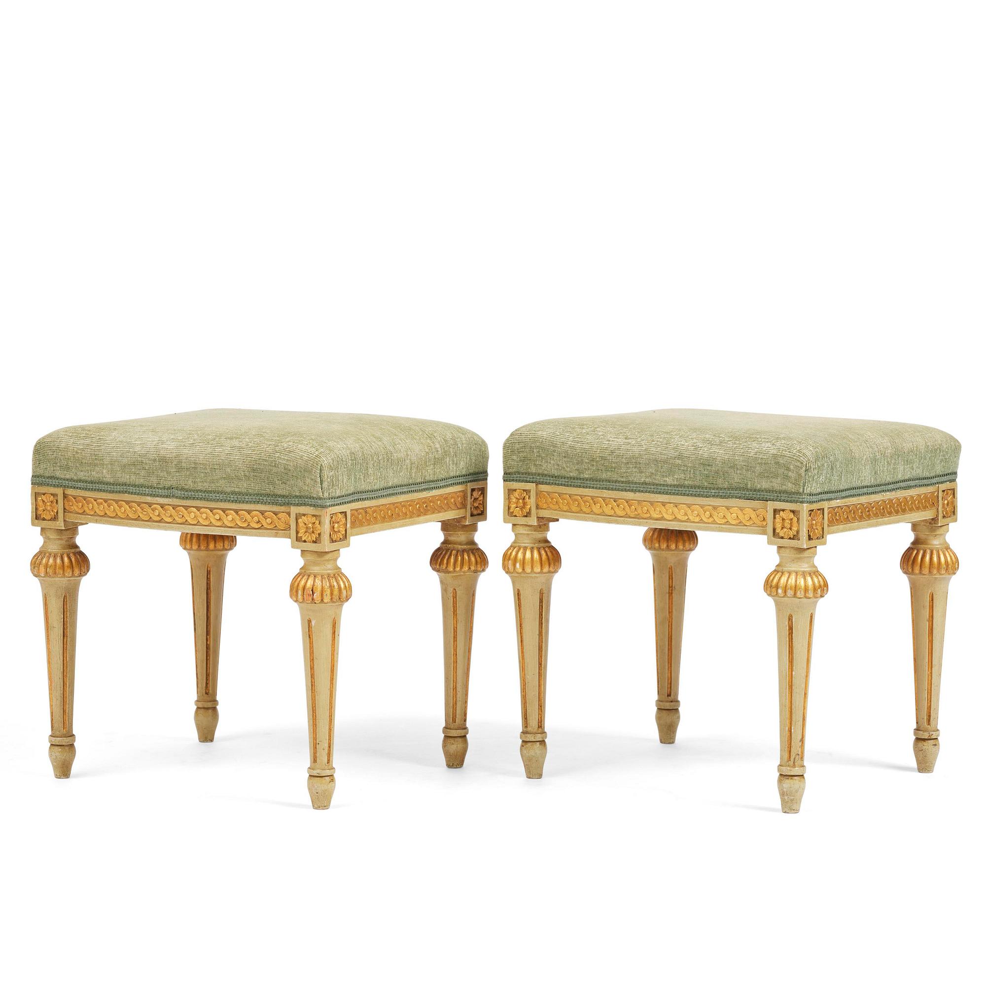 A pair of stools in the manner of Erik Öhrmark (master in Stockholm 1777–1813), Gustavian.