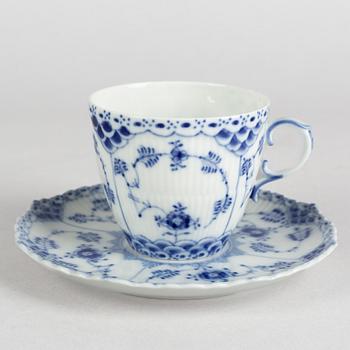 A set of twelve 'Blue Fluted Half Lace' porcelain coffe cups and stands, Royal Copenhagen, model 1035, 20th century.