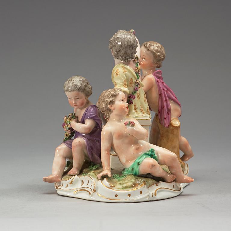 A set of four Meissen allegorical figure groups, 18th Century, three of them with the Marcolini mark (1774-1814).