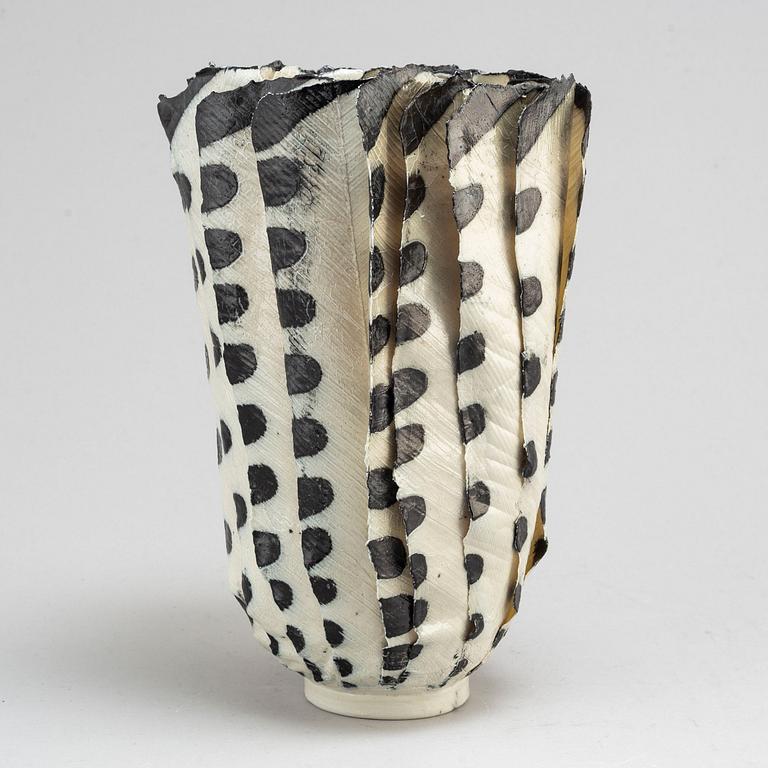 JANE REUMERT, a salt glazed porcelain vase / feather object, Copenhagen 1999.