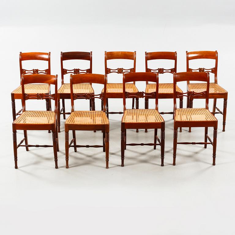 Nine chairs, made by Nils Tohrsson in Lindome (1779 - 1848) in the first half of the 19th century.