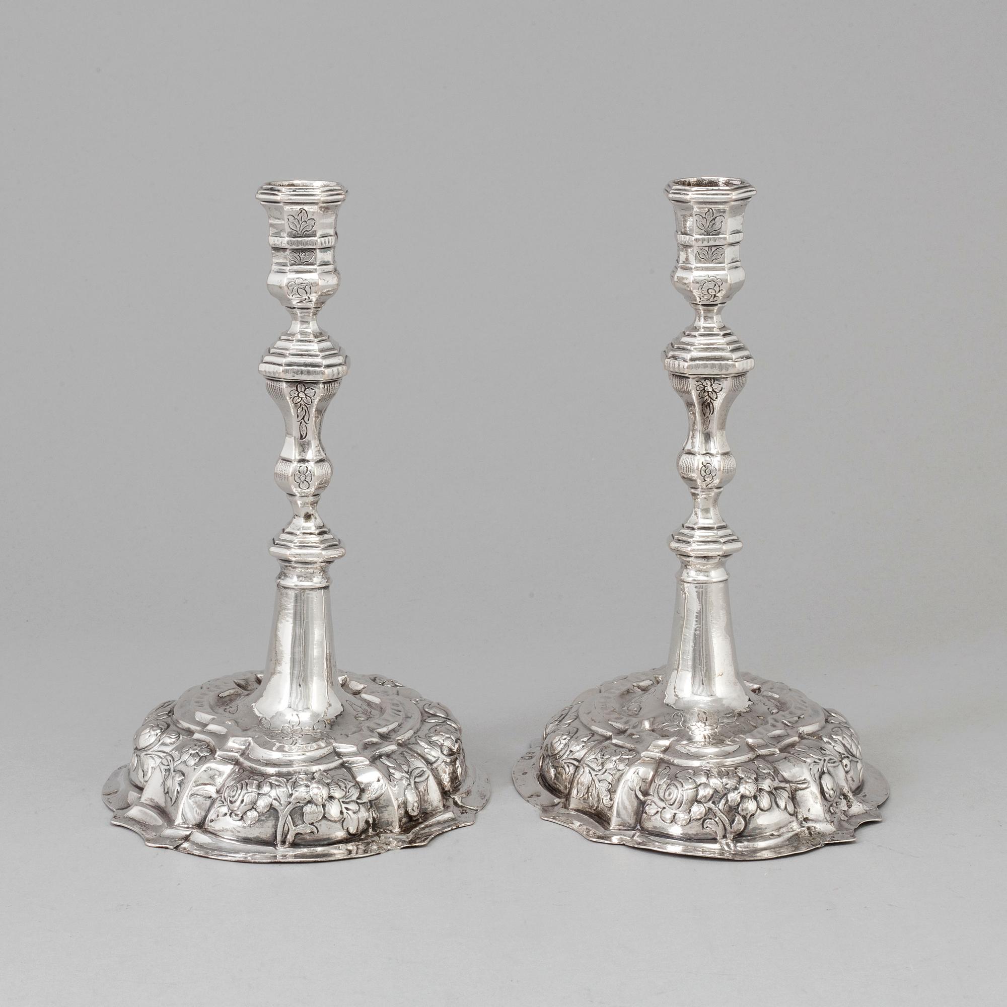 A pair of 18th century silver candlesticks, unidentified makers mark, Breslau 1737-1745.