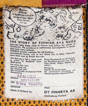 RITVA PUOTILA, ryijymatto, Finnrya. Noin 143x63 cm.