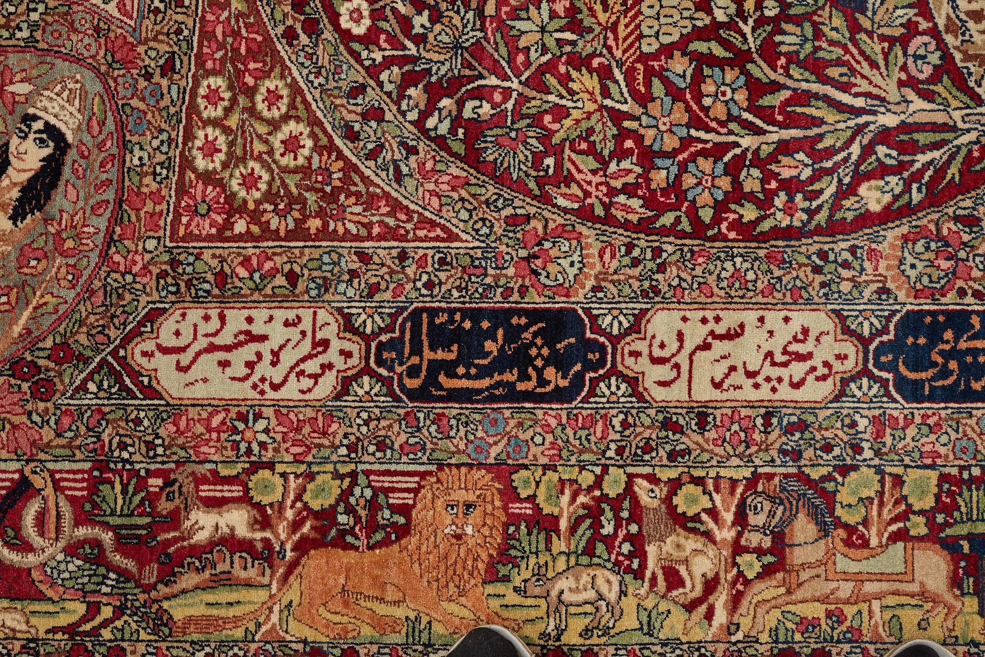 Matto, antique Kerman Laver figural, ca 209,5-211 x 131-133,5 cm.