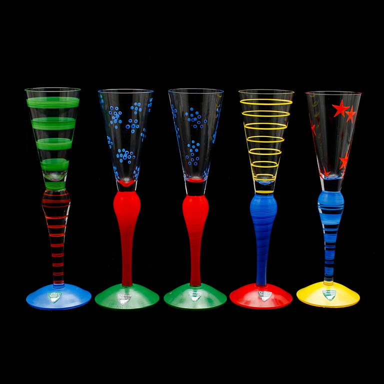 CHAMPAGNEGLAS, 5 st, "Clown", Anne Nilsson, Orrefors, 1900-talets slut.