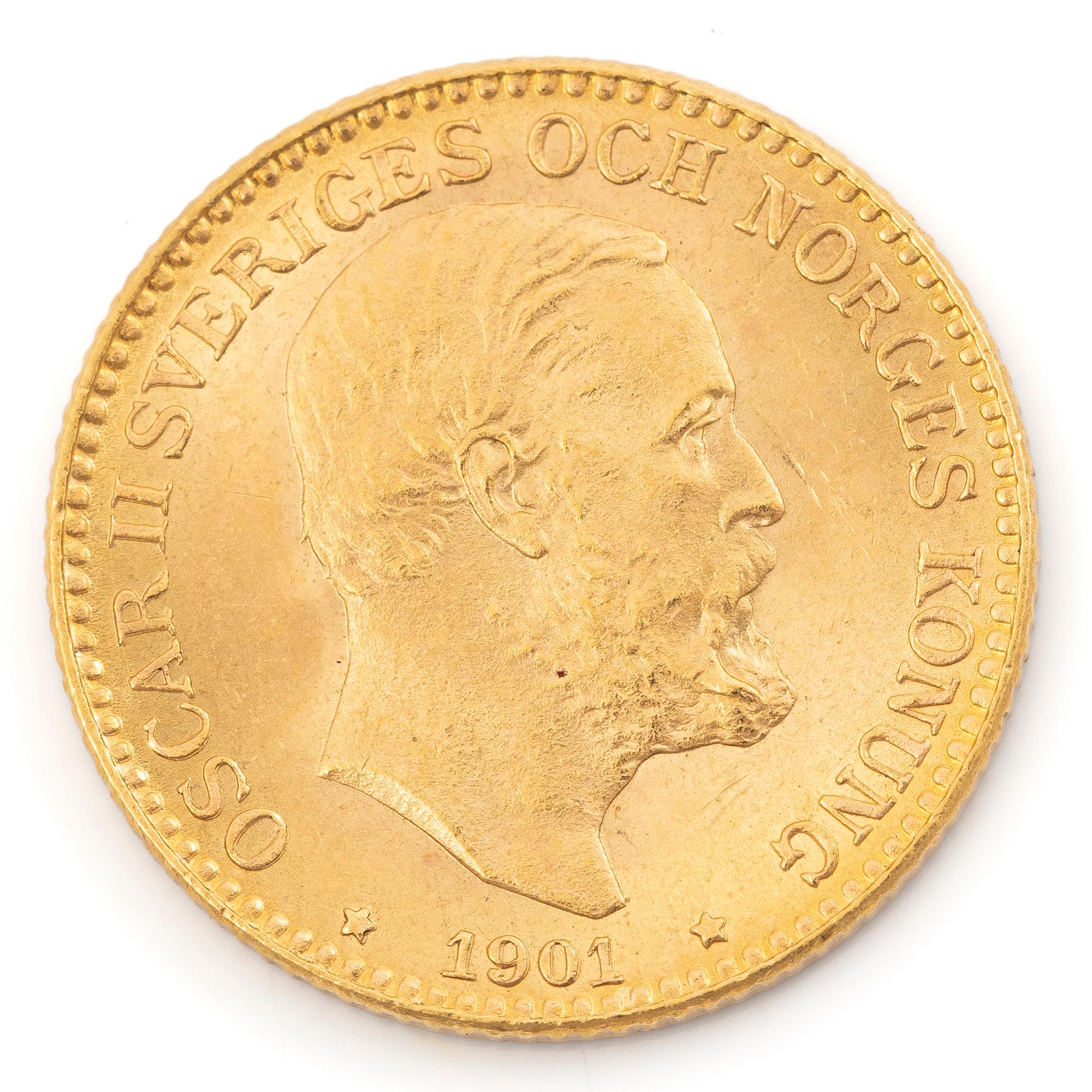 Gold coin, Sweden, Oscar II, 10 kronor, 1901.