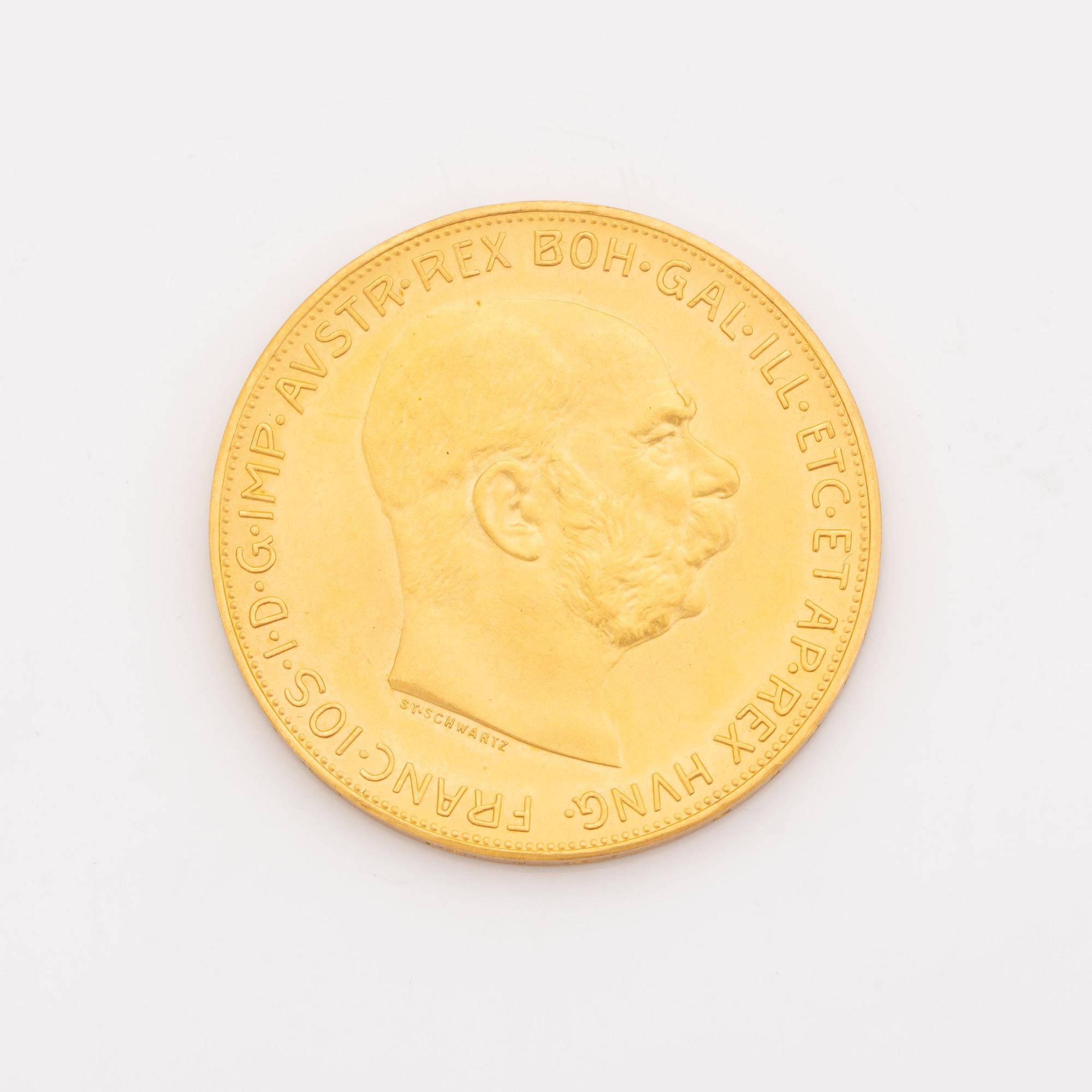 An Austrian gold coin, re-strike 100 Corona 1915.