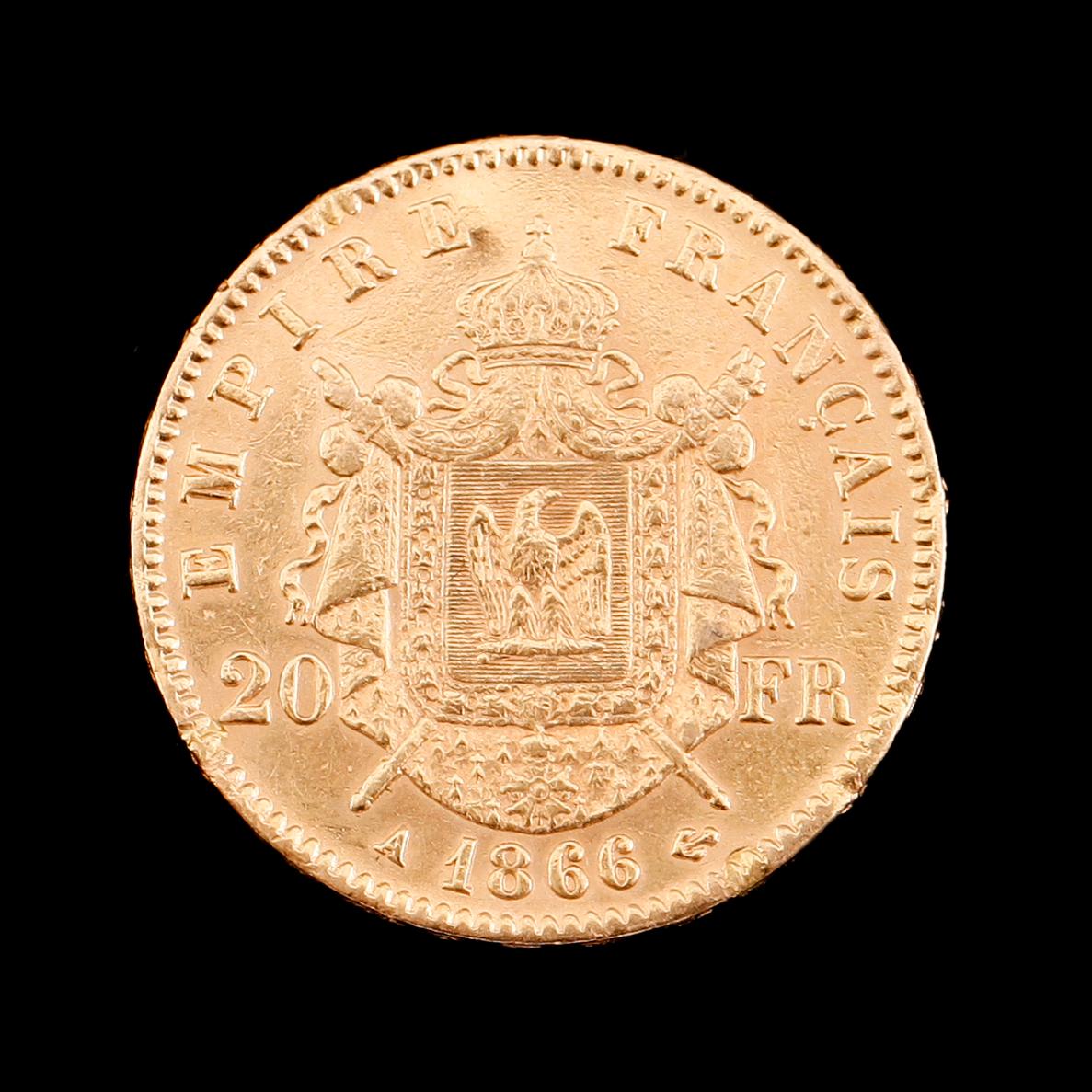 GULDMYNT, 20 franc, Napoleon III, 1866. Vikt ca 6 gram.