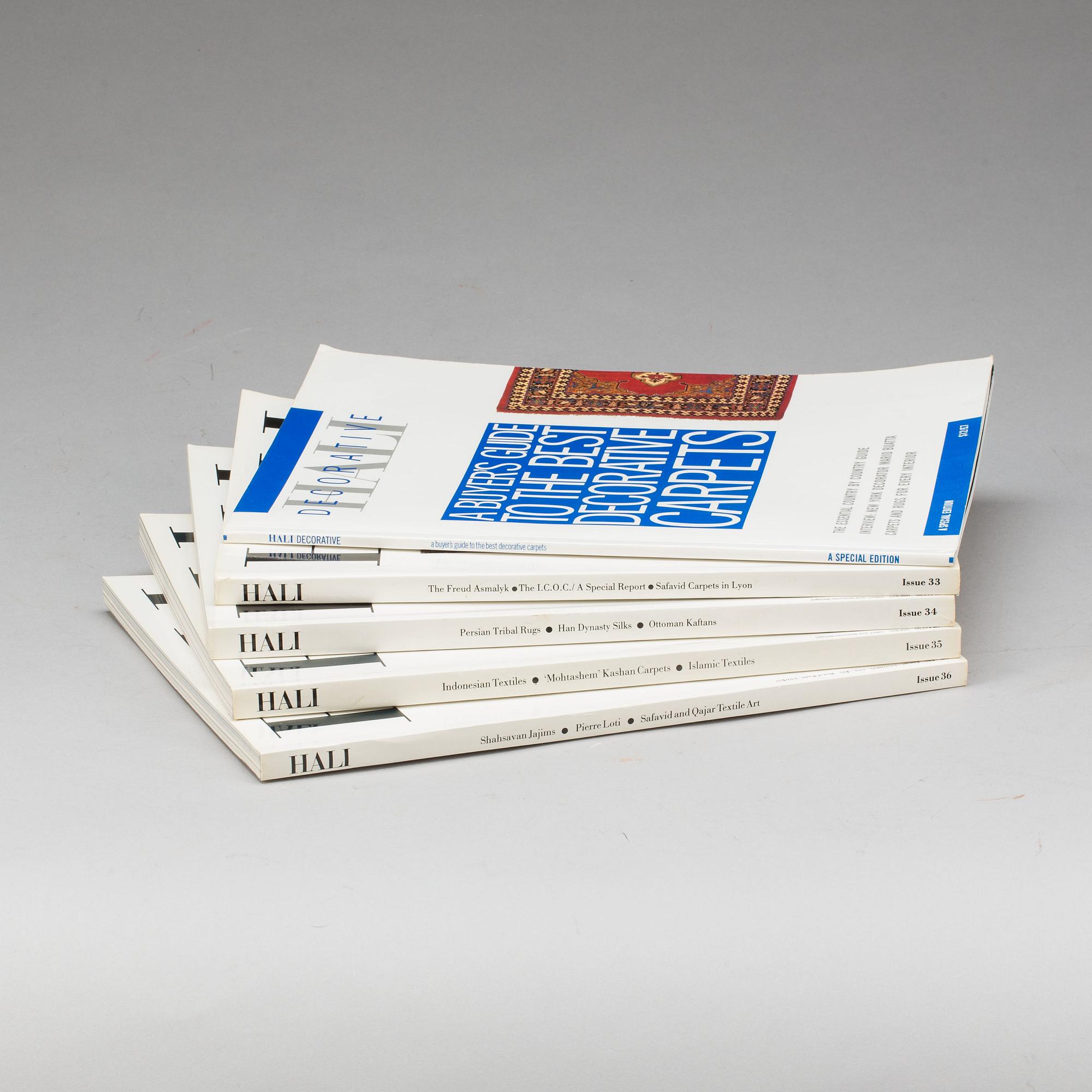 KATALOGER, 5 st, 4+1, "HALI The International magazine of Fine Carpets and Textiles". 1987. Samt Hali Decorative.