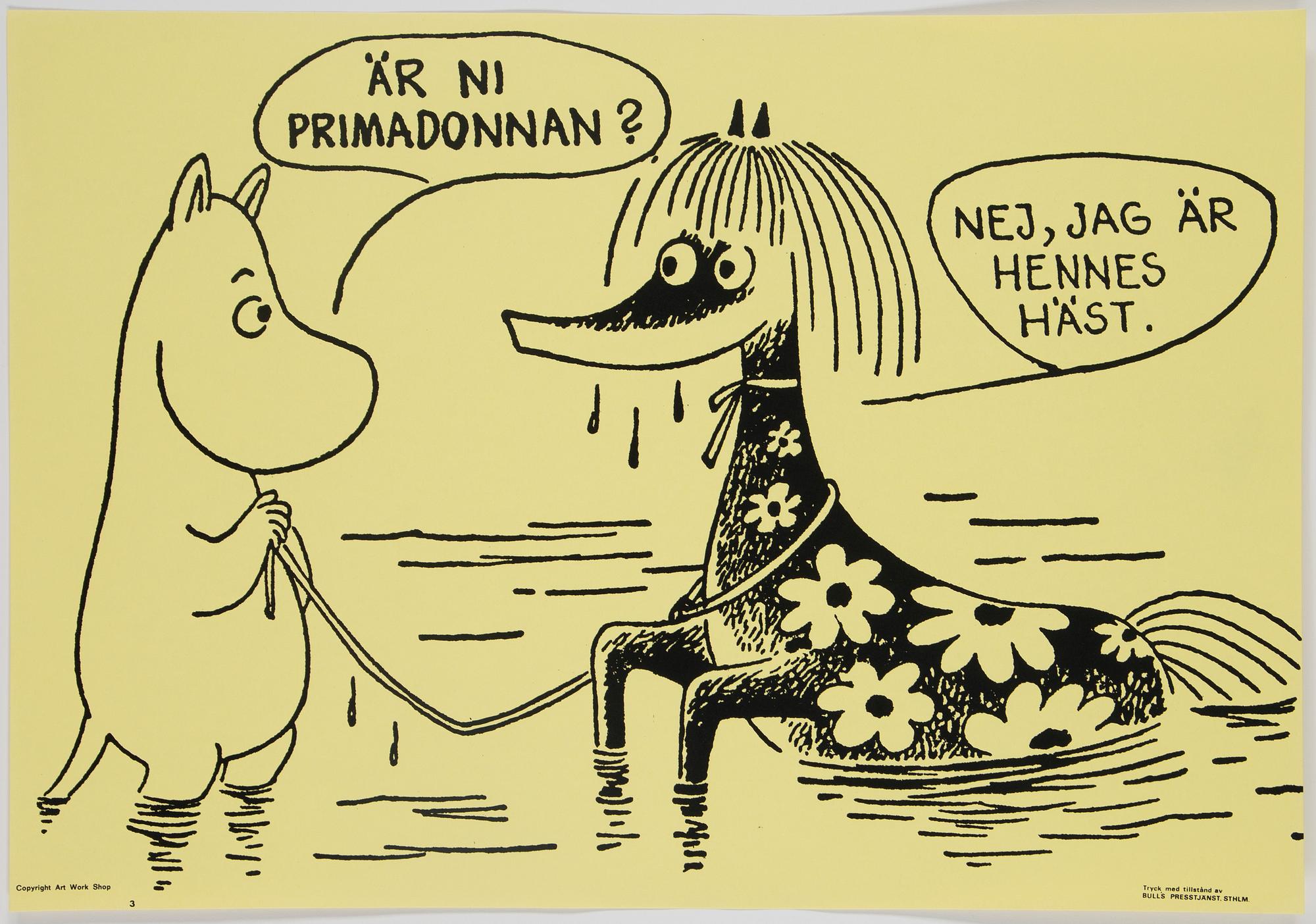 TOVE JANSSON, six Moomin posters from Bull's Presstjänst, Art Work Shop, 1960's.