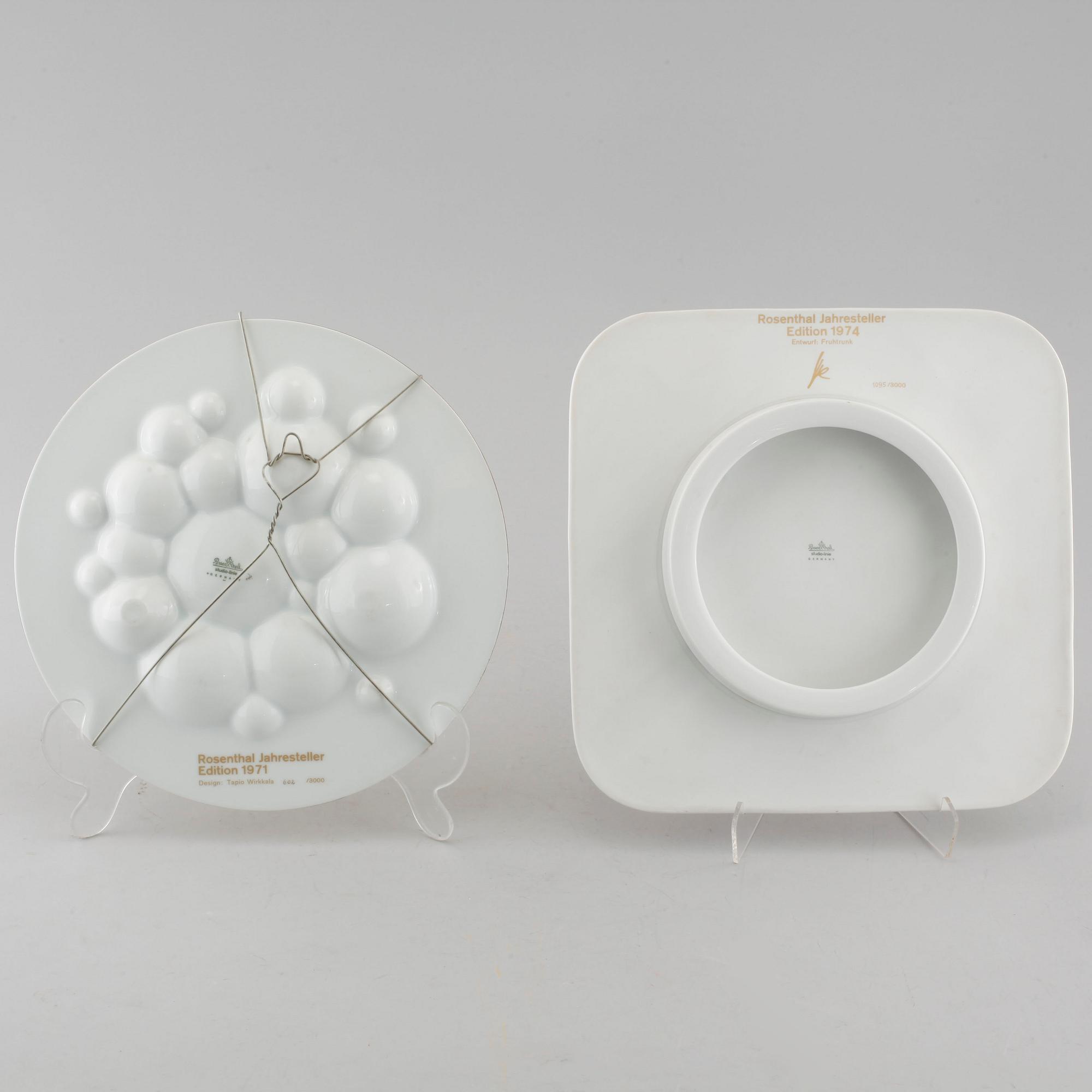 Two porcelian dishes by Fruhtrunk and Tapio Wirkkala for Rosenthal, signed and numbered.