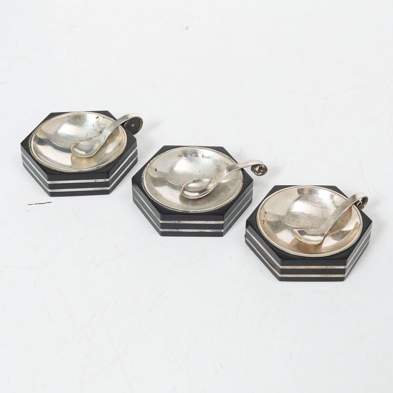 Saltkar, 3 st, silver och bakelit, GAB, Stockholm 1935-36.