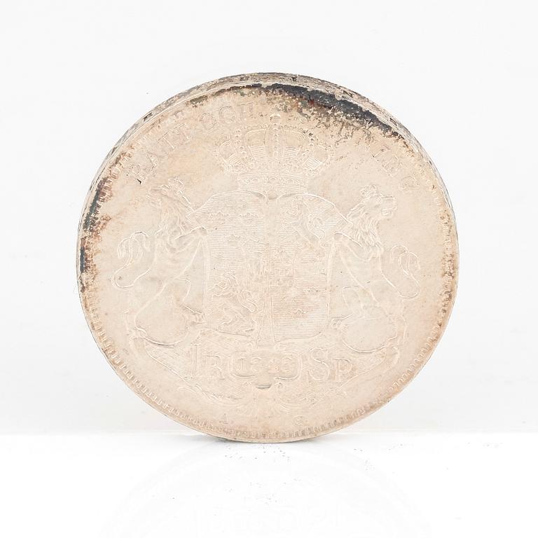 SILVERMYNT, 1 Riksdaler Specie, Oskar I av Sverige o Norge 1848. Vikt ca 34 gram.