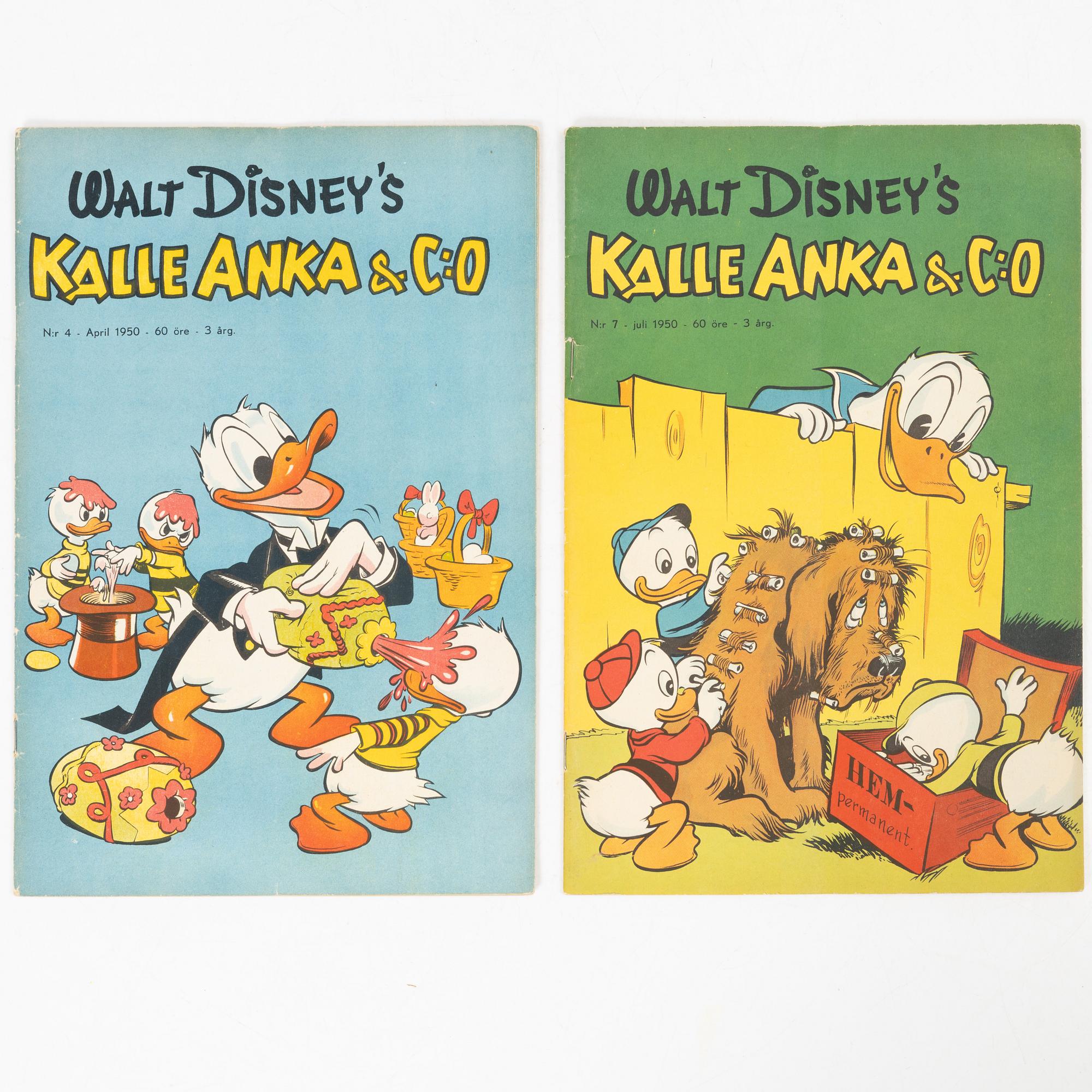 Comic books, “Kalle Anka & Co” No. 7, 1950, and “Kalle Anka & Co” No. 4, 1950.