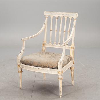 KARMSTOL, sengustaviansk. Etikett Stockholms Stolmakarämbetes stämpelbild.  Omkring 1800.